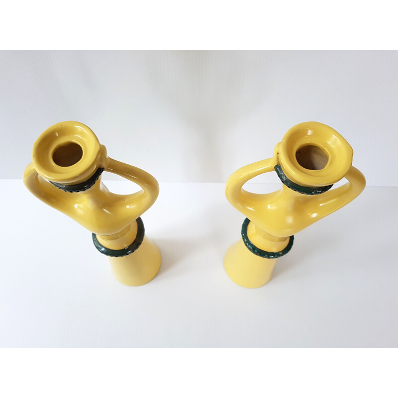 Pair of vintage candlesticks in yellow ceramic 1950