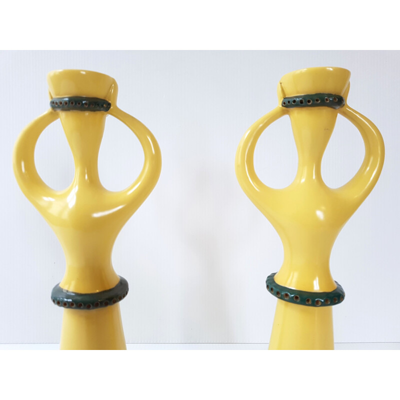 Pair of vintage candlesticks in yellow ceramic 1950