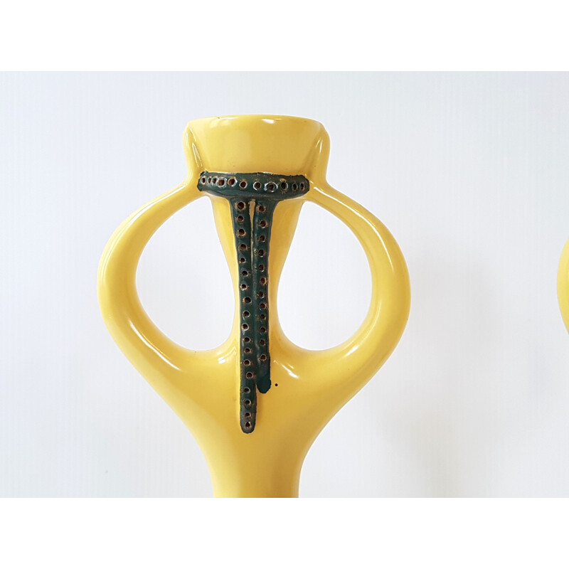 Pair of vintage candlesticks in yellow ceramic 1950