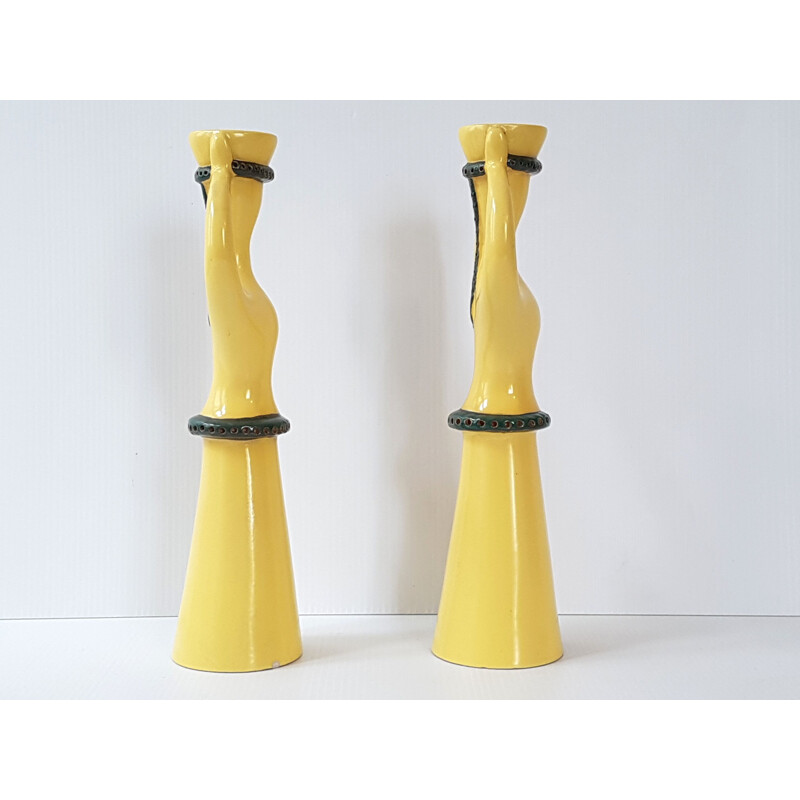 Pair of vintage candlesticks in yellow ceramic 1950