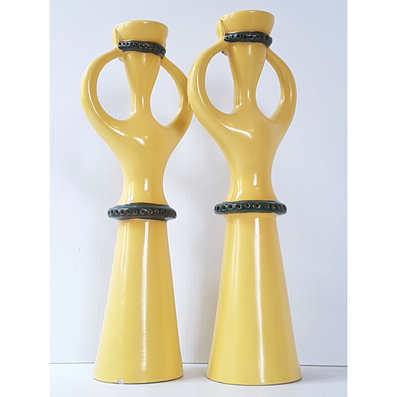 Pair of vintage candlesticks in yellow ceramic 1950