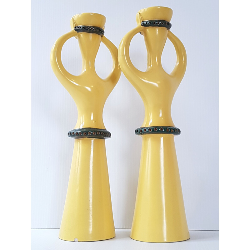 Paire de bougeoirs vintage jaune en céramique 1950