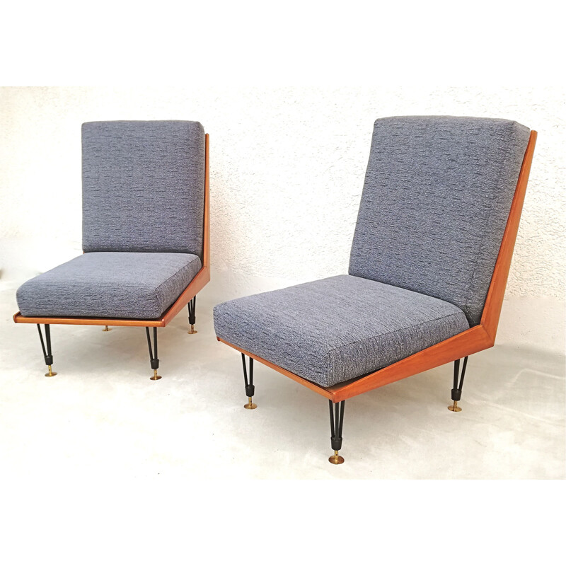 Pair of vintage italian armchairs without arm in grey fabric and wood 1950