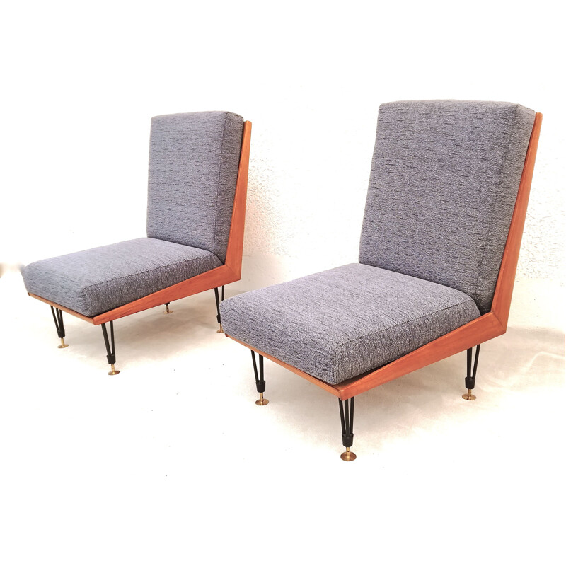Pair of vintage italian armchairs without arm in grey fabric and wood 1950