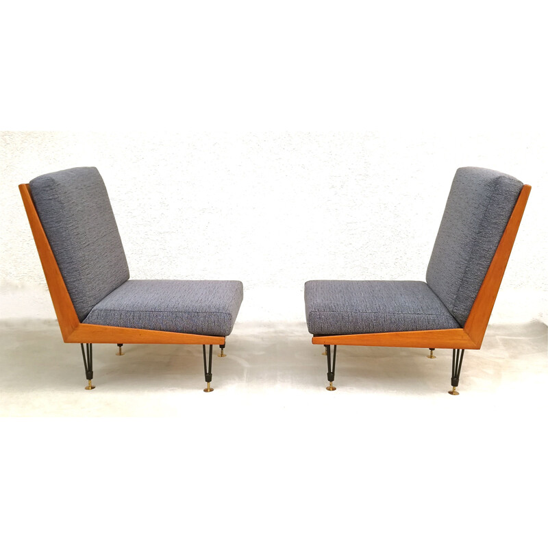 Pair of vintage italian armchairs without arm in grey fabric and wood 1950