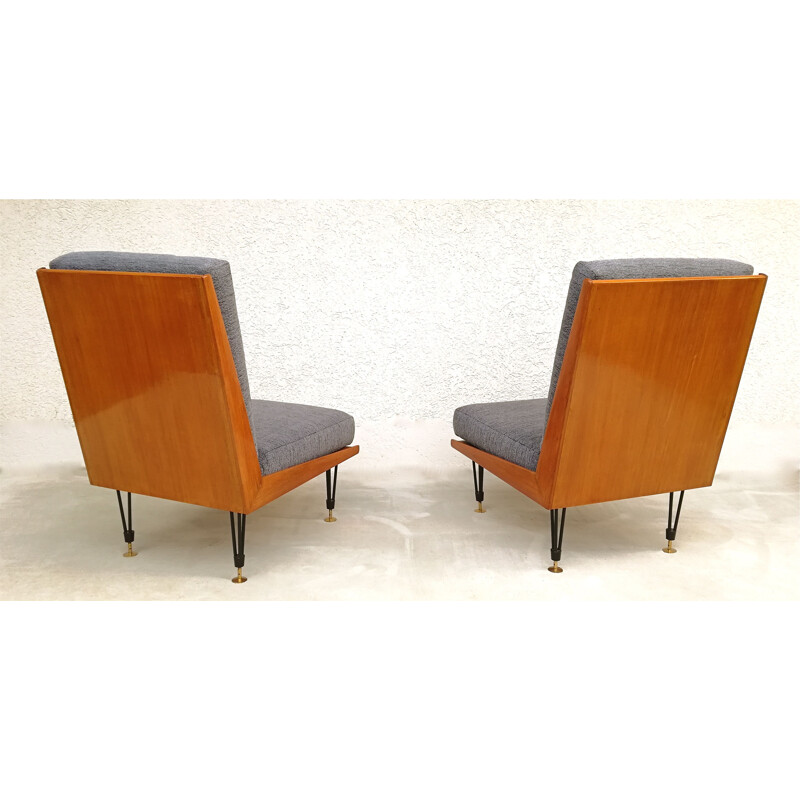 Pair of vintage italian armchairs without arm in grey fabric and wood 1950