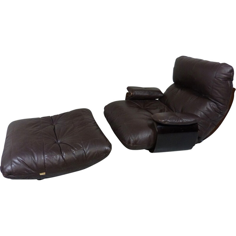 Lounge chair and its ottoman in dark brown leather and plastic, Michel DUCAROY - 1970s