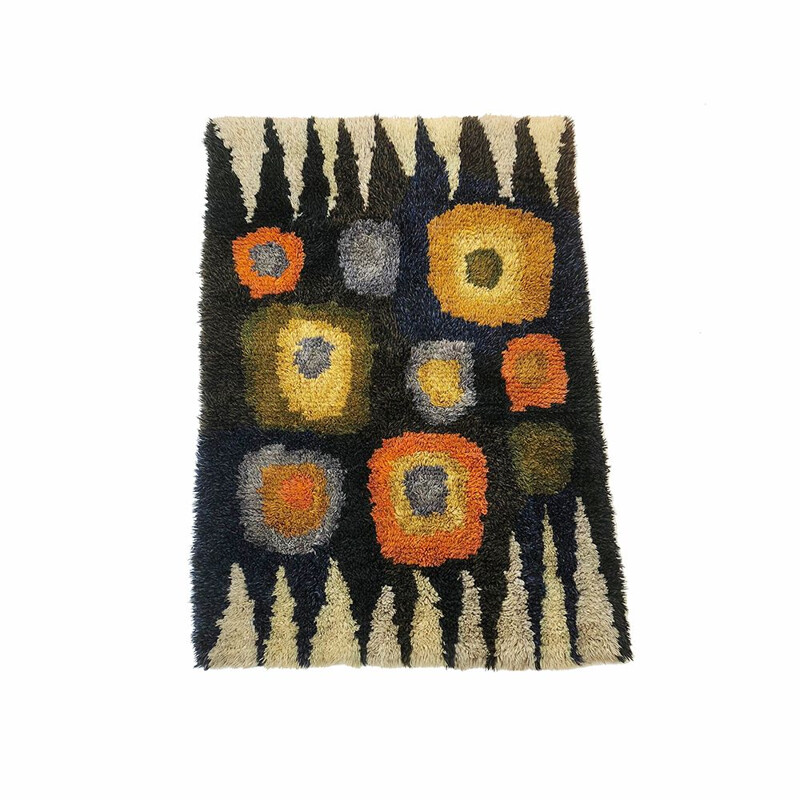 Vintage scandinavian multicoloured pop art carpet in cotton