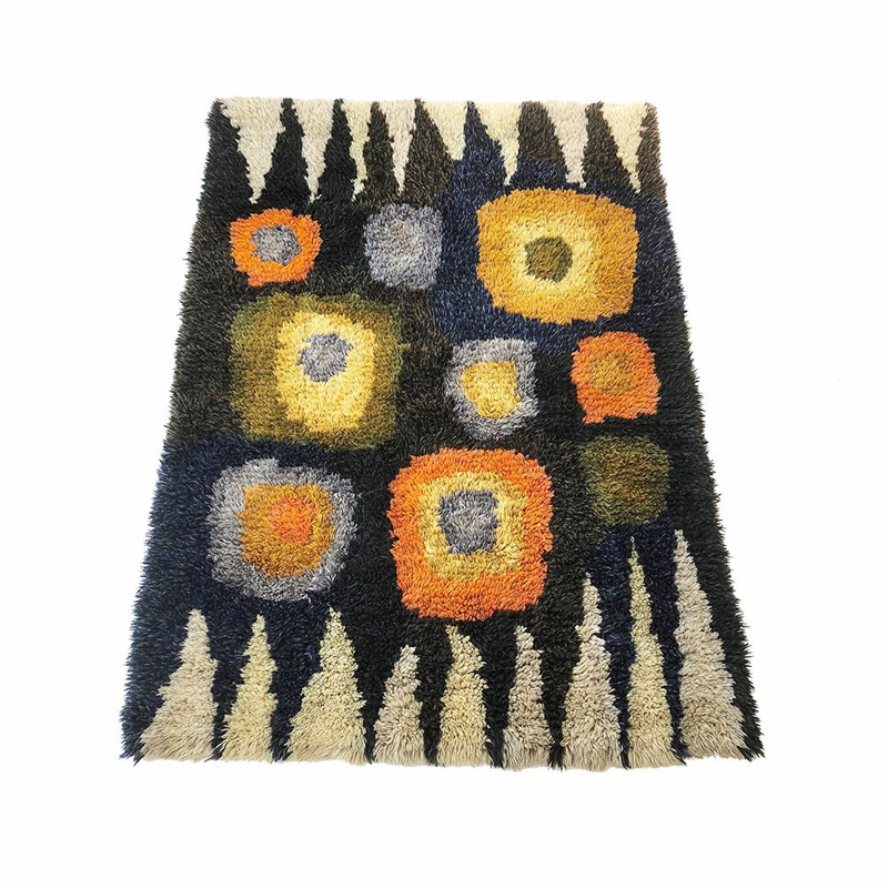 Vintage scandinavian multicoloured pop art carpet in cotton