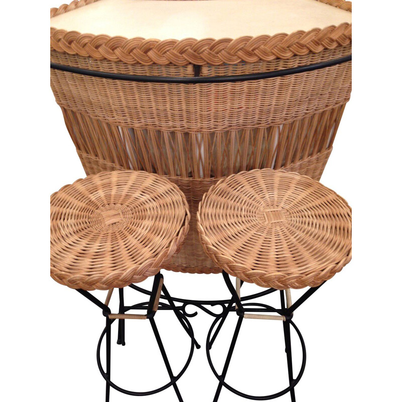 Set of 2 vintage stools and bar in beige rattan 1960