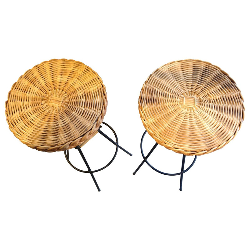 Set of 2 vintage stools and bar in beige rattan 1960