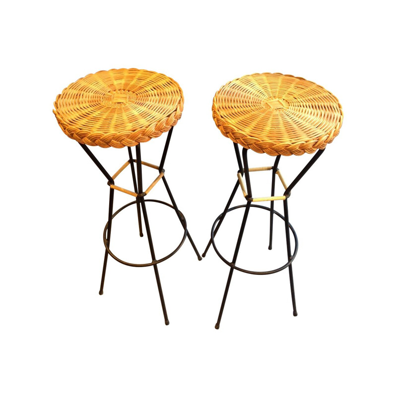 Set of 2 vintage stools and bar in beige rattan 1960