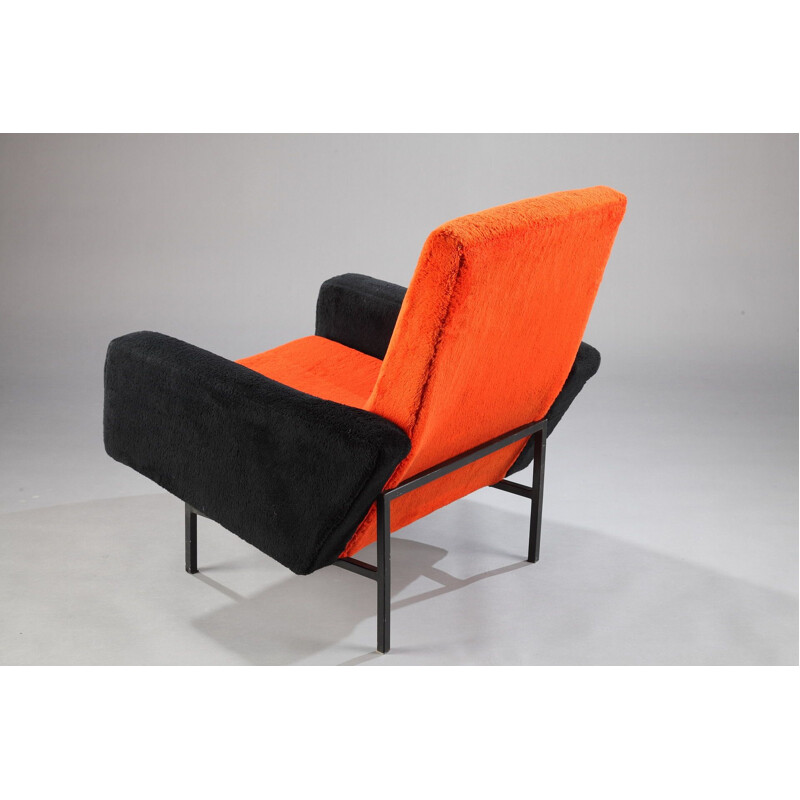 Paire de fauteuils vintage françaises en laine orange et métal 1950