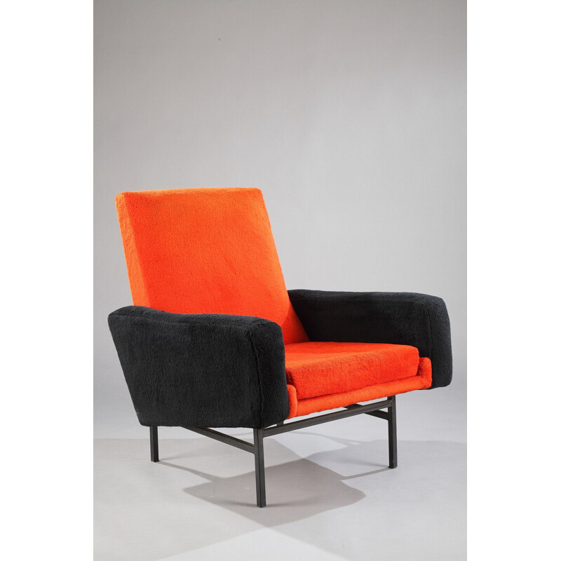 Pair of vintage french armchairs in orange wool and metal 1950