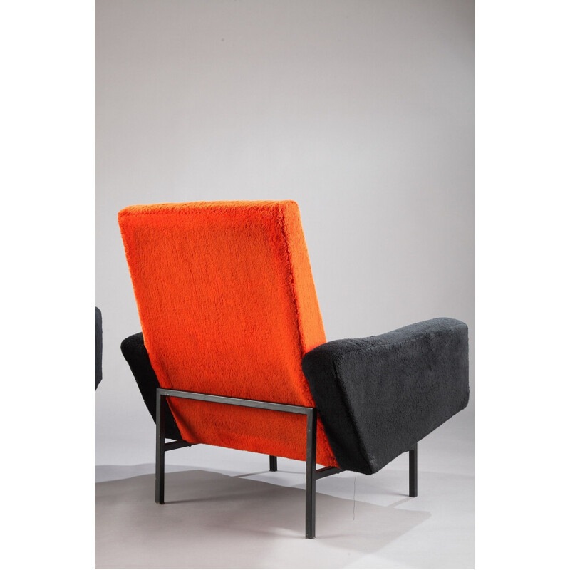 Paire de fauteuils vintage françaises en laine orange et métal 1950