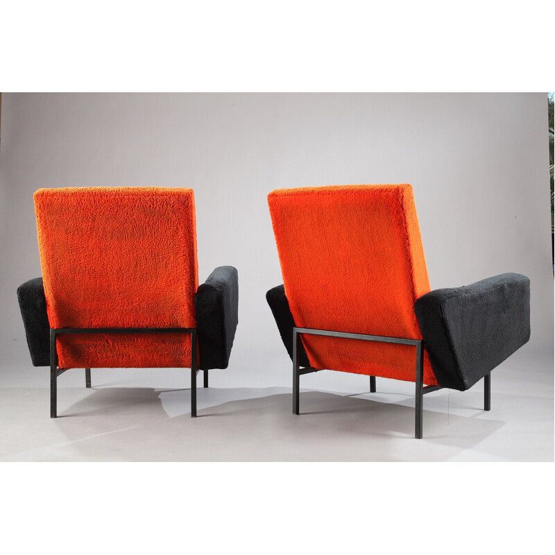 Pair of vintage french armchairs in orange wool and metal 1950