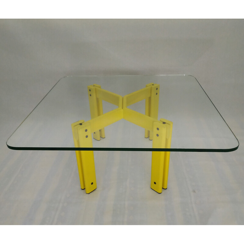 Vintage minimalist coffee table in yellow metal 1980