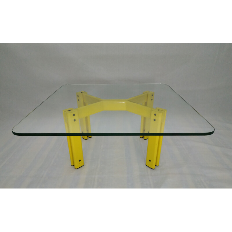 Vintage minimalist coffee table in yellow metal 1980