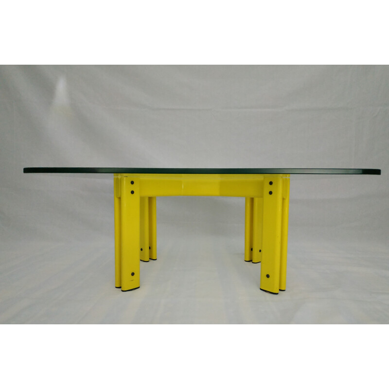 Vintage minimalist coffee table in yellow metal 1980
