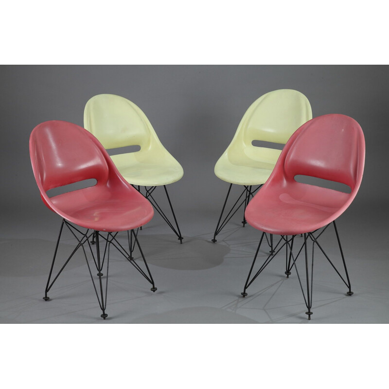 Set of 4 vintage red and yellow fiberglass chairs