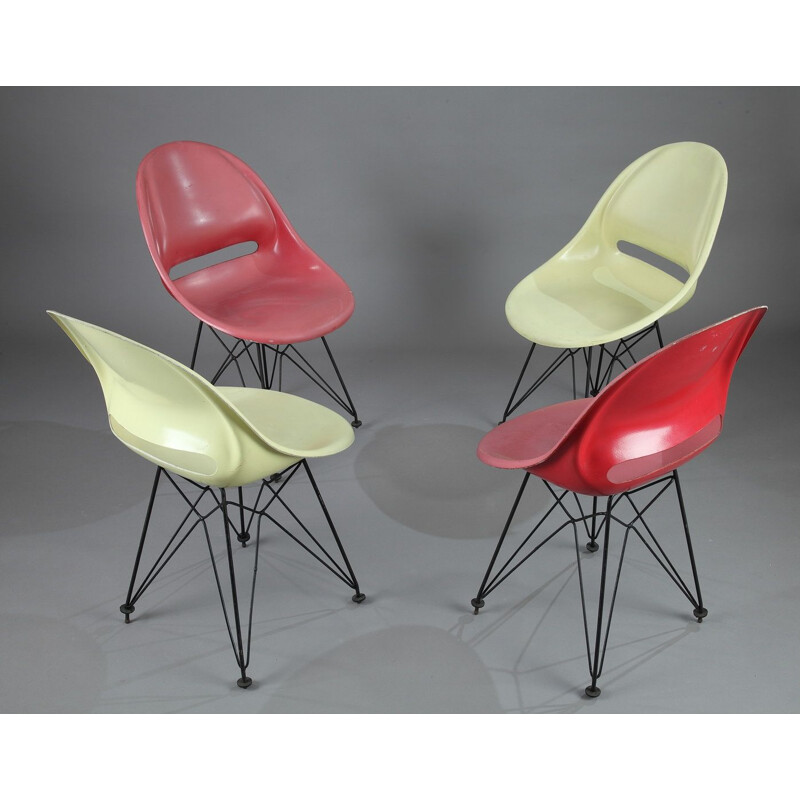 Set of 4 vintage red and yellow fiberglass chairs