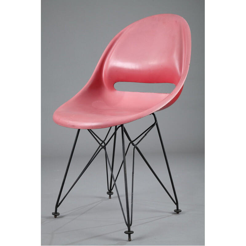 Ensemble de 4 chaises vintage rouge et jaune en fibre de verre
