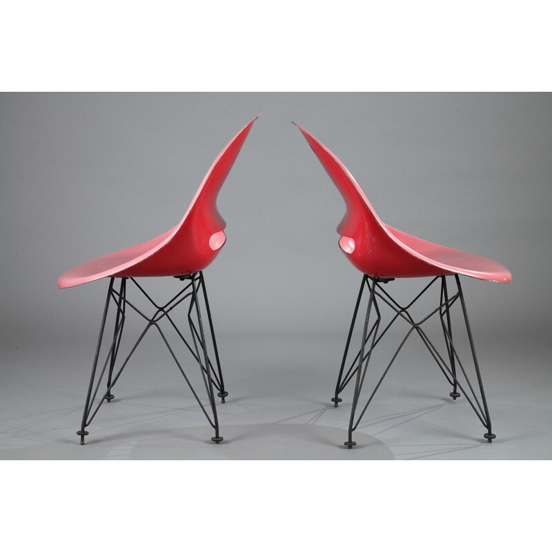 Ensemble de 4 chaises vintage rouge et jaune en fibre de verre