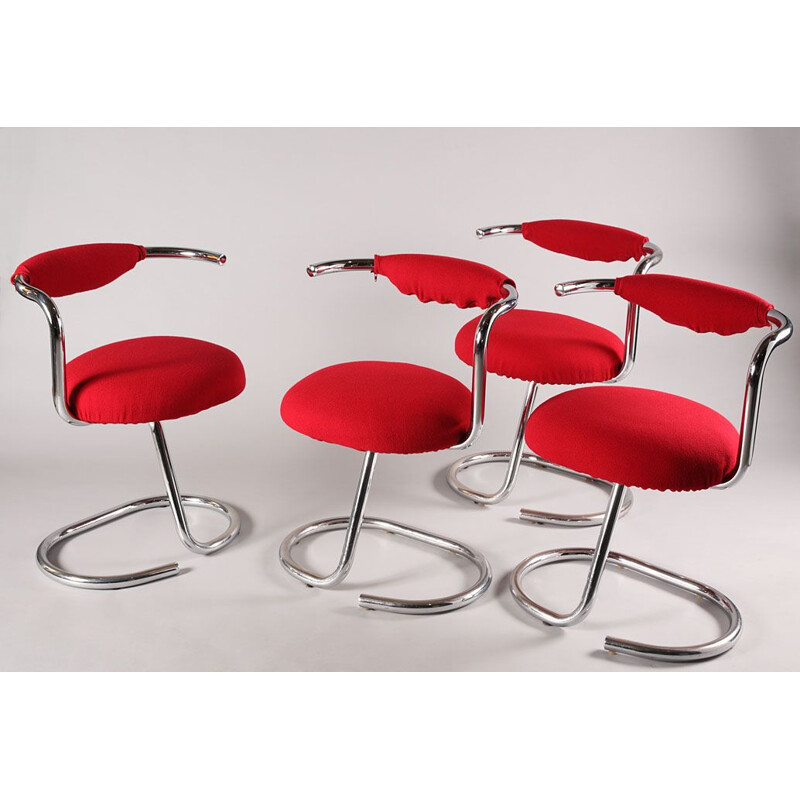 Set of 4 vintage chairs in red fabric and tubular steel