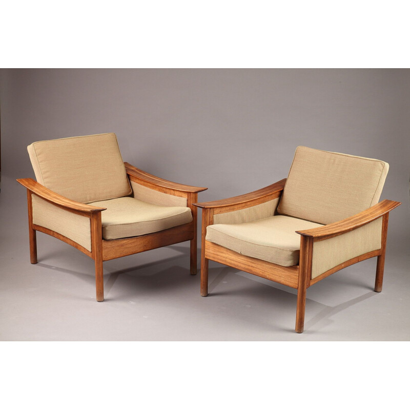 Pair of vintage armchairs for Langlos in teak and beige fabric