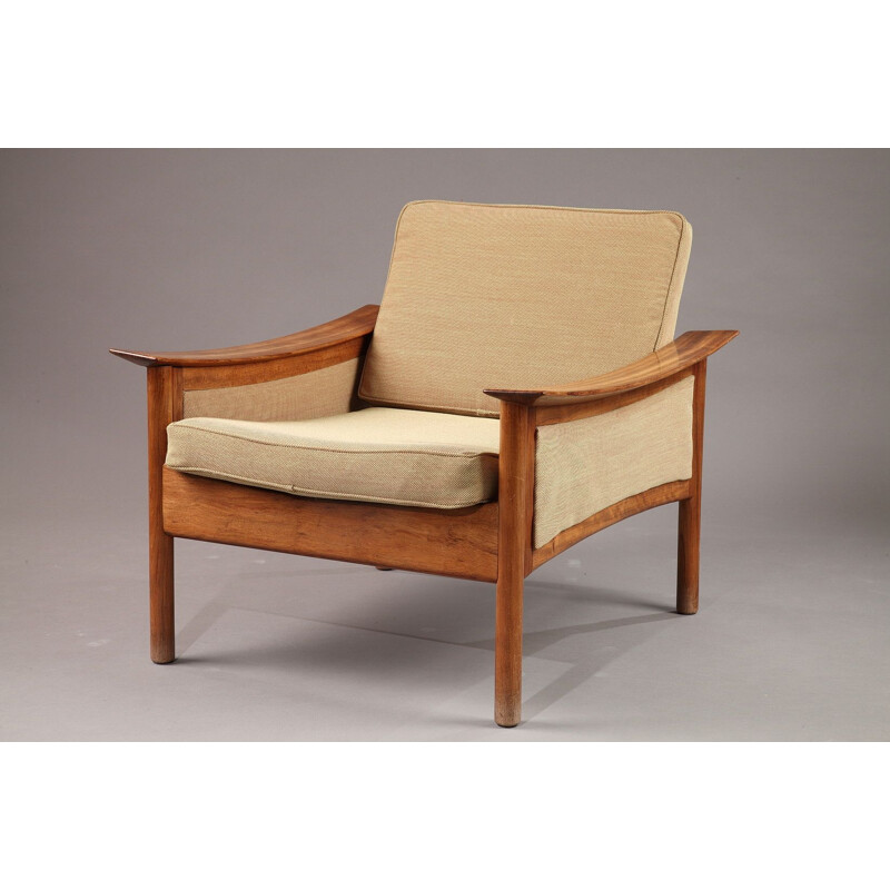 Pair of vintage armchairs for Langlos in teak and beige fabric