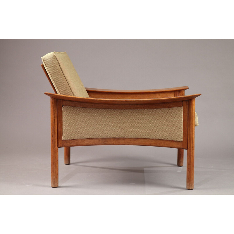 Paire de fauteuils vintage pour Langlos en teck et tissu beige