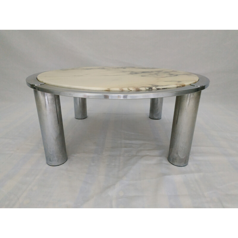 Vintage coffee table in white veined marble and chrome metal 1970