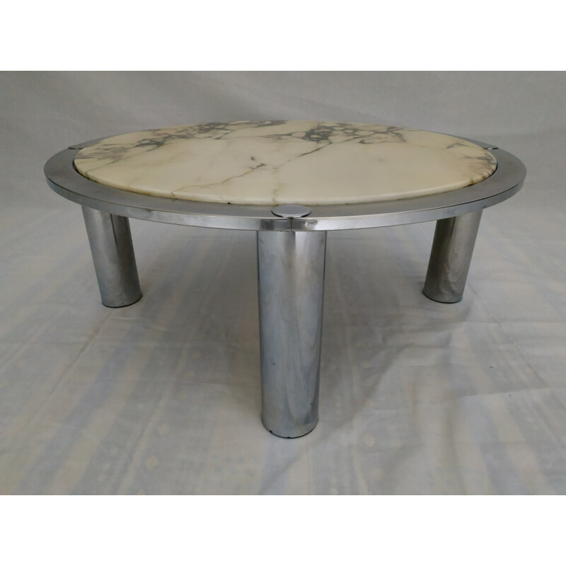 Vintage coffee table in white veined marble and chrome metal 1970