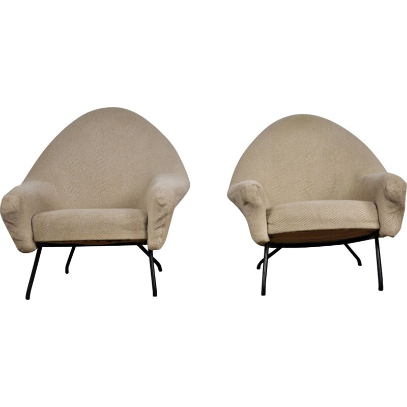 Pair of armchairs in beige fabric by Joseph-André Motte for Steiner