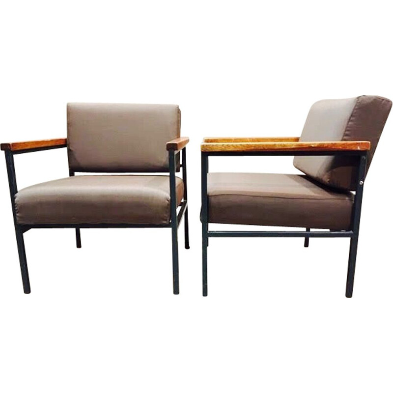 Pair of vintage armchairs in metal and teak