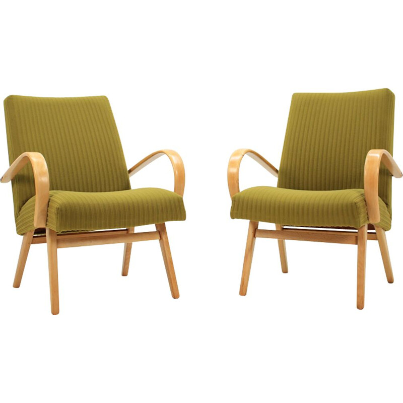 Pair of green armchairs in oakwood