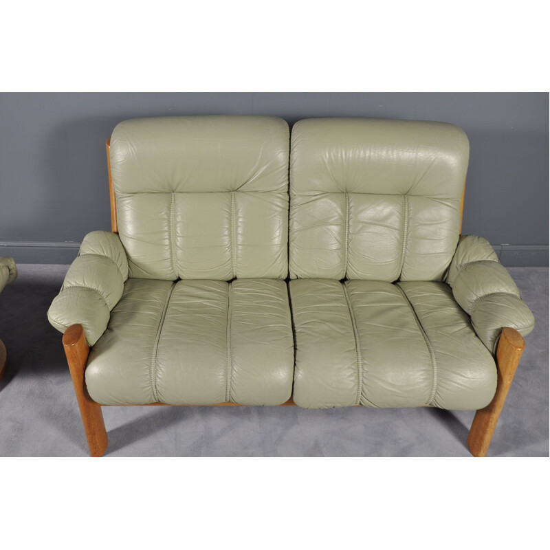 Vintage solid teak sofa by Ekornes in green leather and teak