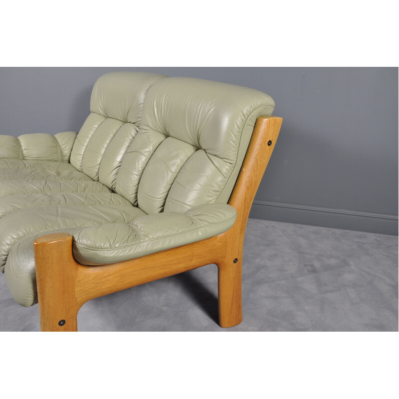 Vintage solid teak sofa by Ekornes in green leather and teak