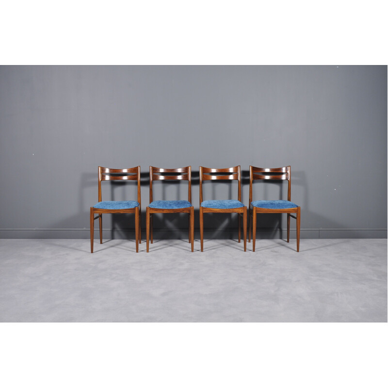 Set of 4 vintage scandinavian chairs in rosewood and blue fabric 1960