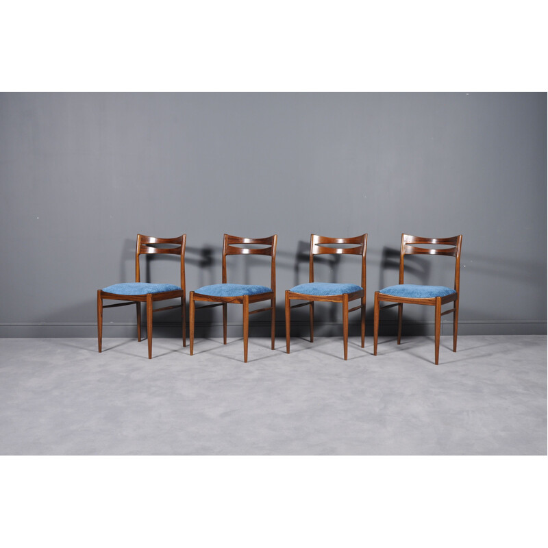 Ensemble de 4 chaises vintage scandinaves en palissandre et tissu bleu 1960