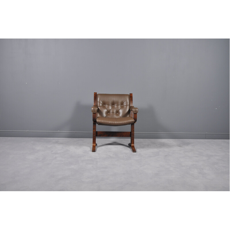 Vintage Siesta armchair in beechwood and brown leather 1960