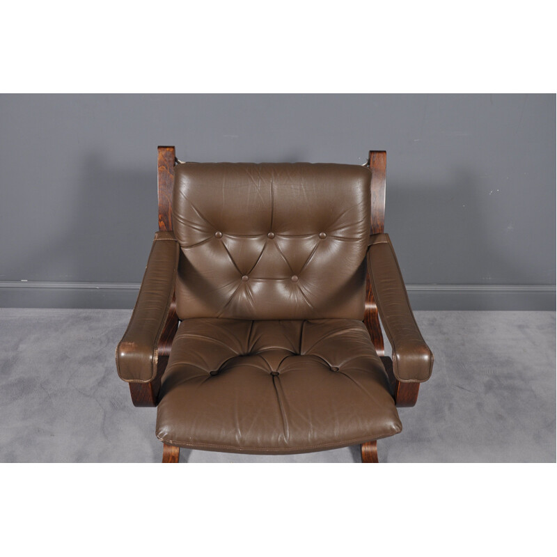 Vintage Siesta armchair in beechwood and brown leather 1960