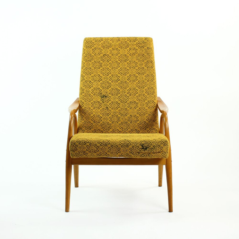 Vintage armchair for TON in yellow fabric and bentwood 1960