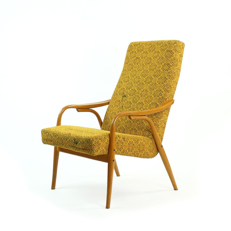 Fauteuil vintage pour TON en tissu jaune et bois courbé 1960