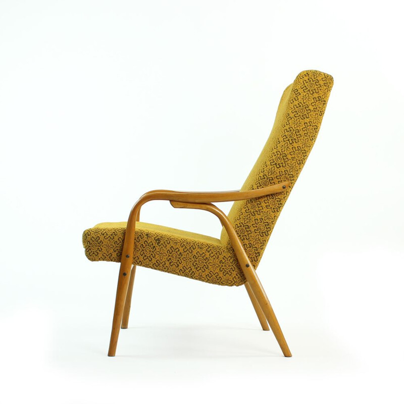 Vintage armchair for TON in yellow fabric and bentwood 1960