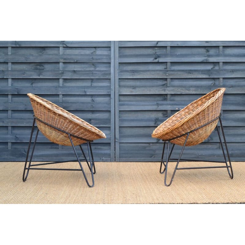 Pair of vintage scandinavian armchairs in rattan and metal 1950