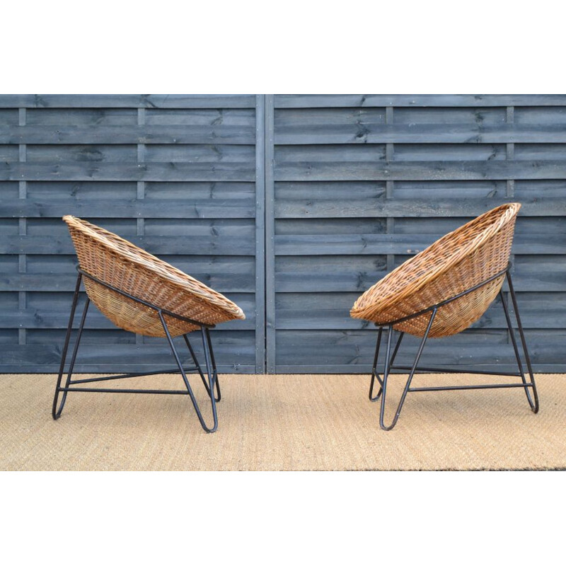 Paire de fauteuils vintage scandinaves en rotin et métal 1950