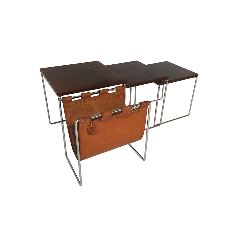 Vintage rosewood nesting tables with magazine rack in leather 1960