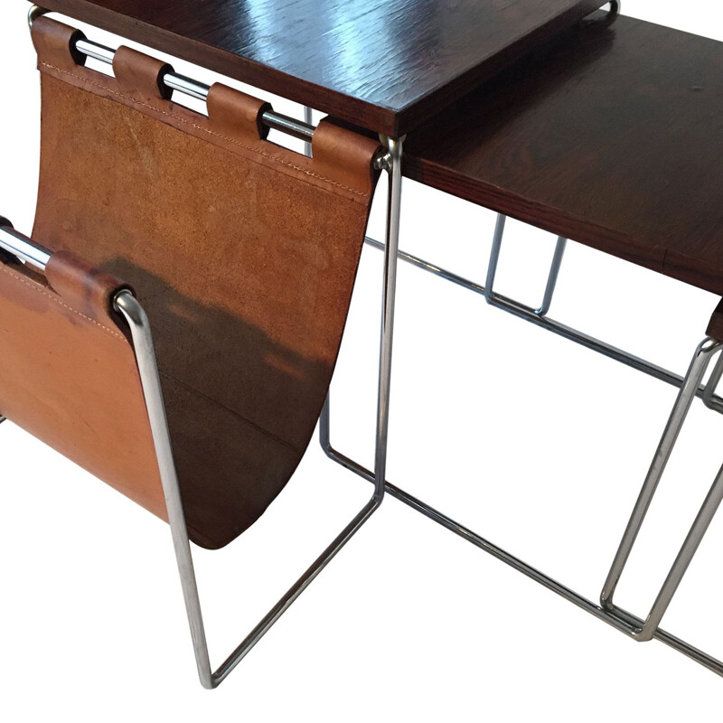 Tables vintage gigognes en palissandre avec porte-revues en cuir 1960