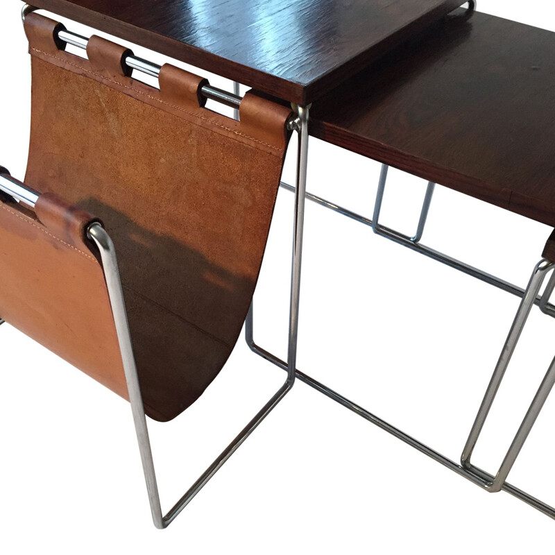 Vintage rosewood nesting tables with magazine rack in leather 1960